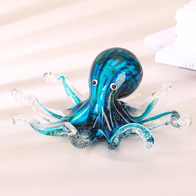 LCCCK Glass Octopus Statue Home Decor, Hand Blown Glass Decor Ocean Figurines Octopus Sculpture, Murano Art Office Desk Paperweights Fish Tank Aquarium Sea Animals Christmas Birthday Gift