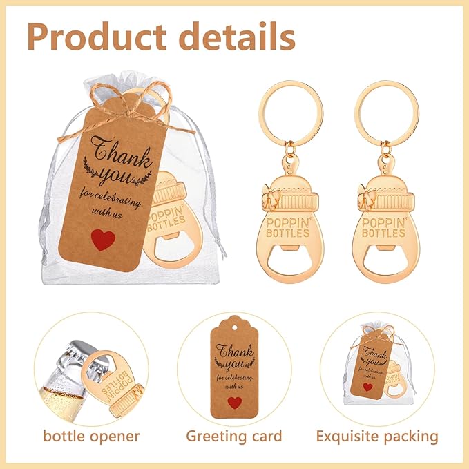 50Pcs Popping Bottle Openers Baby Shower Return Favors for Guests Bottle Opener Decorations and Souvenirs Baby Bottle Shaped Bottle Opener with Organza Bags Thank You Tags for Theme Decoration