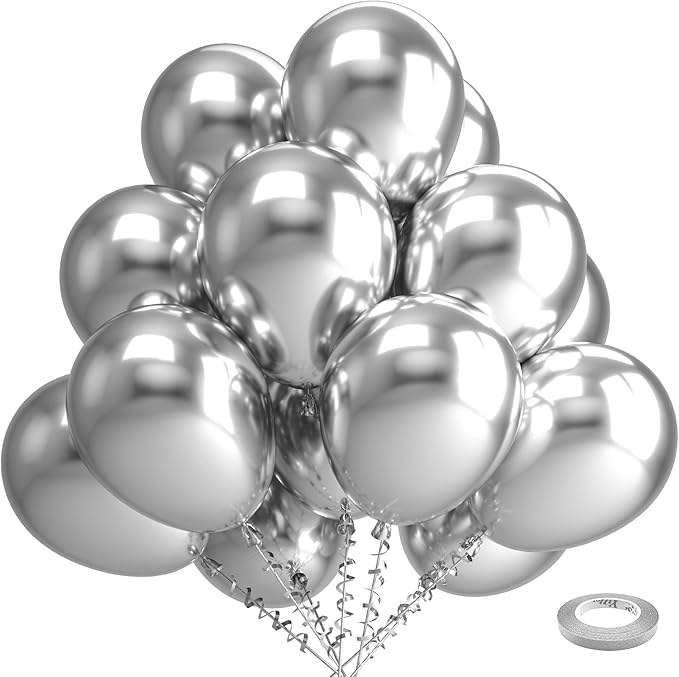 Bezente Silver Metallic Chrome Latex Balloons, 100 Pack 12 inch Silver Round Helium Balloons for New Years Wedding Anniversary Bridal Shower Birthday Engagement Party Decorations