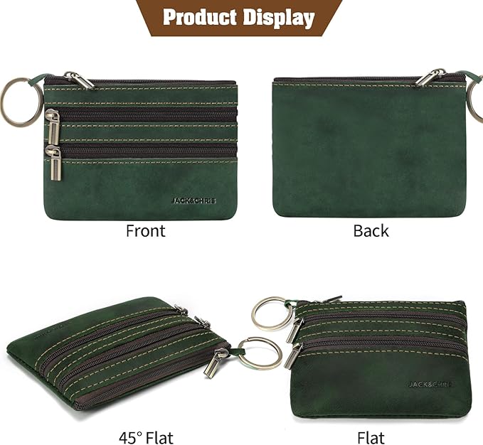 Jack&Chris Coin Purse Pouch for Men, Genuine Leather Coin Purse Zipper Pocket with Keychain Ring, Coin Bag for Men,JC301-Green