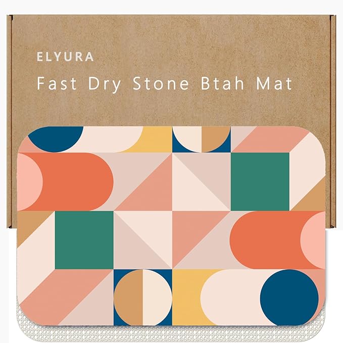 Colored Geometric Patterns Diatomite Stone Bath Mat Diatomaceous Earth Shower Mat Quick-Dry, Non-Slip, Easy to Clean for Bathroom Floor