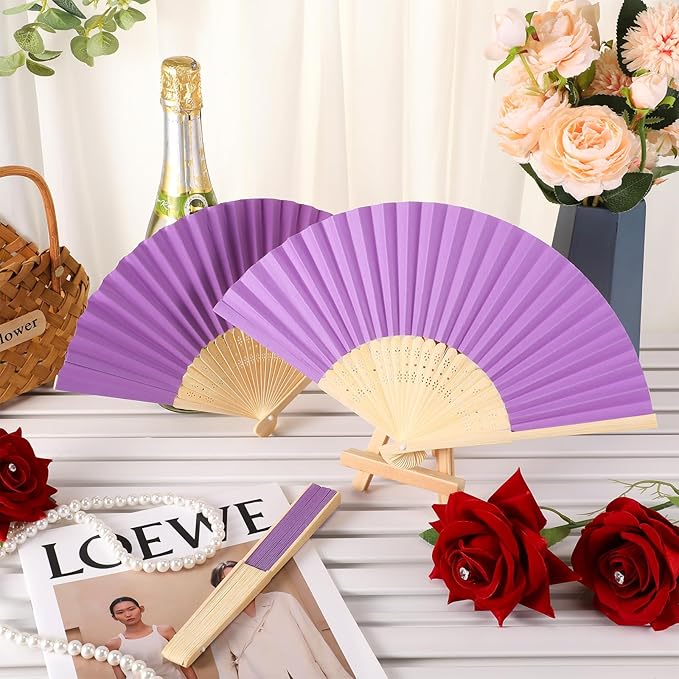 Yinkin 24 Pack Folding Fans Bamboo Handheld Folded Craft Hand Japanese Chinese Fans for Weddings Bridal Dancing Church DIY Decoration Women Gift Party Favors (Purple)