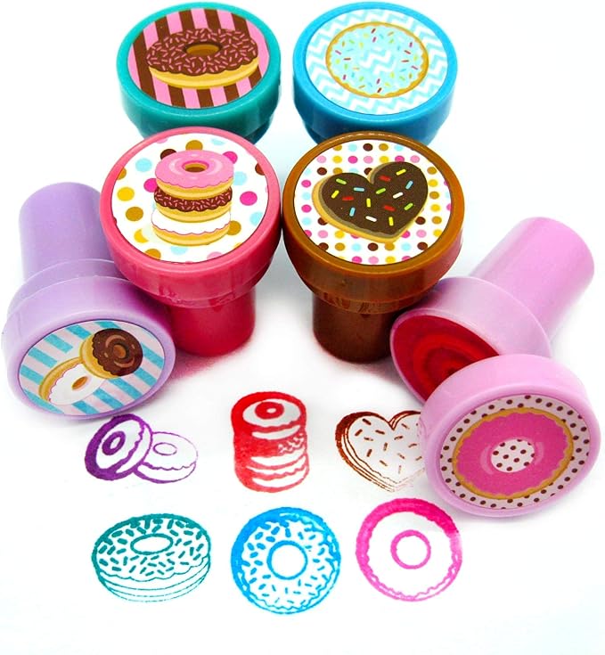 TINYMILLS 24 Pcs Donuts Stampers for Kids Donut Party Favors Goodie Bag Stuffers Pinata Fillers Classroom Rewards Carnival Prizes