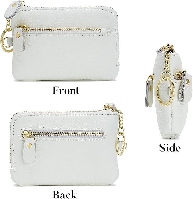 Genuine Leather Coin Purse for Women with Large Opening & Wrist Strap Navy (White)