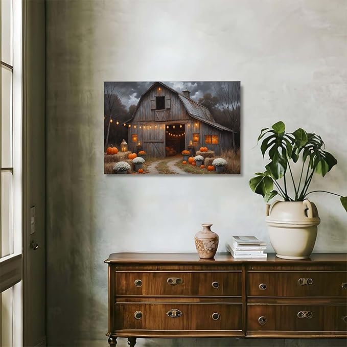 Vintage pumpkin hydrangea barn print abstract nature country artwork home decor farmhouse canvas poster28x40in(70x100cm)- Unframed