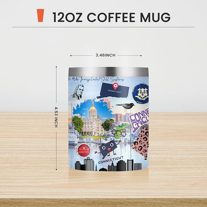 12oz Coffee Mug Connecticut State Insulated Coffee Cups, United States Map Travel Mug Landmark, Birthday Gifts Cute Mugs with Lid and Straw Mothers Day Gifts