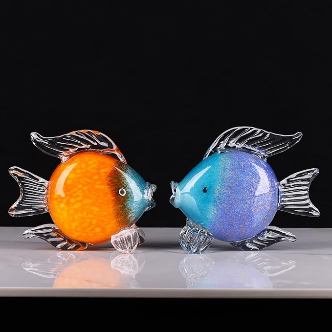 Large Glass Fish Figurines Hand Blown Glass Fish Statue and Sculpture Home Decor, Murano Animal Tropical Sea Glass Paperweights for Desk, Glass Aquarium Coastal Beach Decorative (Dark Blue)