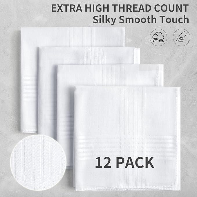 12 Pack Handkerchiefs for men, 100% Soft Cotton 16x16 Inch Men's Handkerchiefs, White Classic Pocket Hankies
