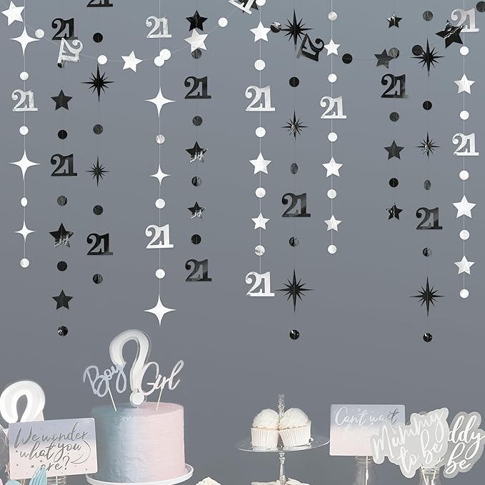 Silver Black 21st Birthday Decorations Number 21 Circle Dot Twinkle Star Garland Metallic Streamer Banner Backdrop for Girls Boys Cheers to 21 Years Finally Legal Bday 21st Anniversary Party Decor