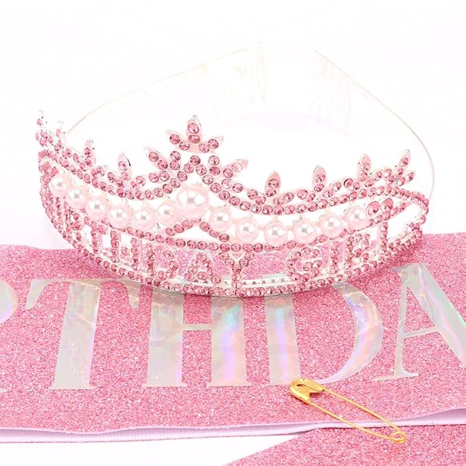 Pink Birthday Girl Crown and Sash, Pearl Birthdays tiara Pink Birthday Decorations Set, Princess Crown Tiara for Women and Girls
