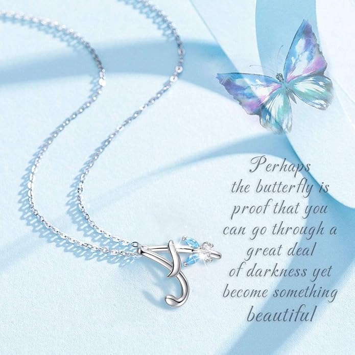 EUDORA Sterling Silver Butterfly Initial Necklaces for Women, Elegant Letter Neckles Personalized Gift for Mother, Sister, Daughter, 18 inch Chai