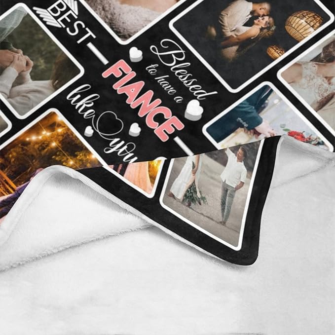Custom Blanket Gifts for Fiance, Customized Blankets with Photos, Make a Personalized Bed Throws to My Fiance, Custom Souvenir Throw Blanket for Best Fiance Ever, 8 Collages Made in USA