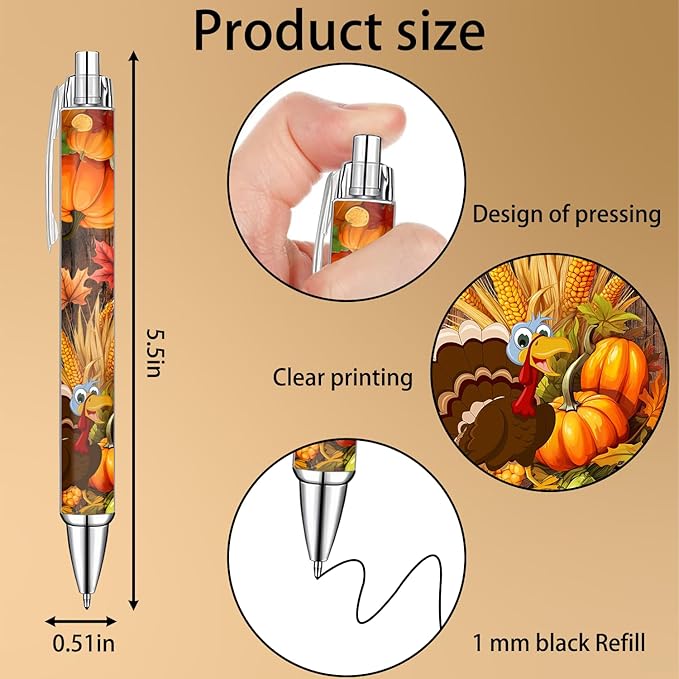 Idealmuzik Thanks Gifts,Festive Fall-Themed Ballpoint Pens for Girls, Students, and Stationery Lovers – Smooth Writing Pens for Journaling, School, or Holiday Gifts – Autumn Harvest Design, 8 Pack