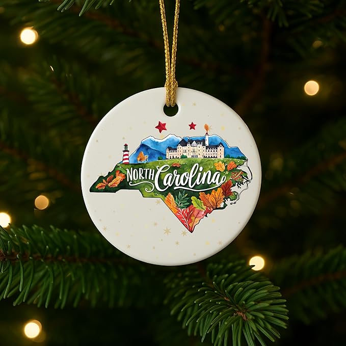 USA State Landmark Ceramic Ornament – Round Glossy Christmas Decoration Featuring U.S. State Art, Landmarks & Holiday Scenery – Collectible Travel Souvenir Ornament Series (North Carolina)