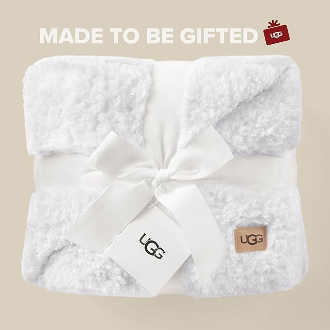 UGG Nita Throw Blanket Soft Reversible Plush Throw for Couch or Bed Washable Warm Fluffy Blanket for College Dorm Essentials and Bedding with Down Alternative Fill, 50-inch x 70-inch, White Snow