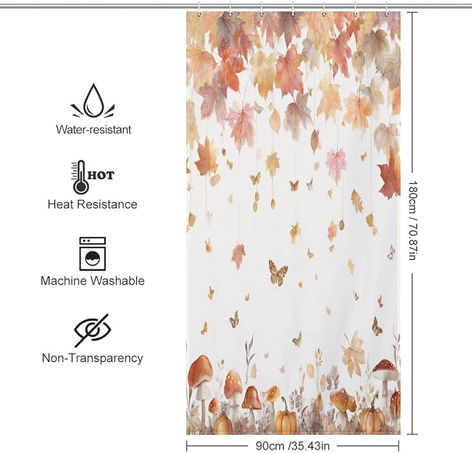Fall Pumpkin Shower Curtain Autumn Maple Leaves Thanksgiving Harvest Waterproof Washable Fabric Bathroom Shower Curtains for Bathroom Decorations Home Indoor Decor 35x72Inch