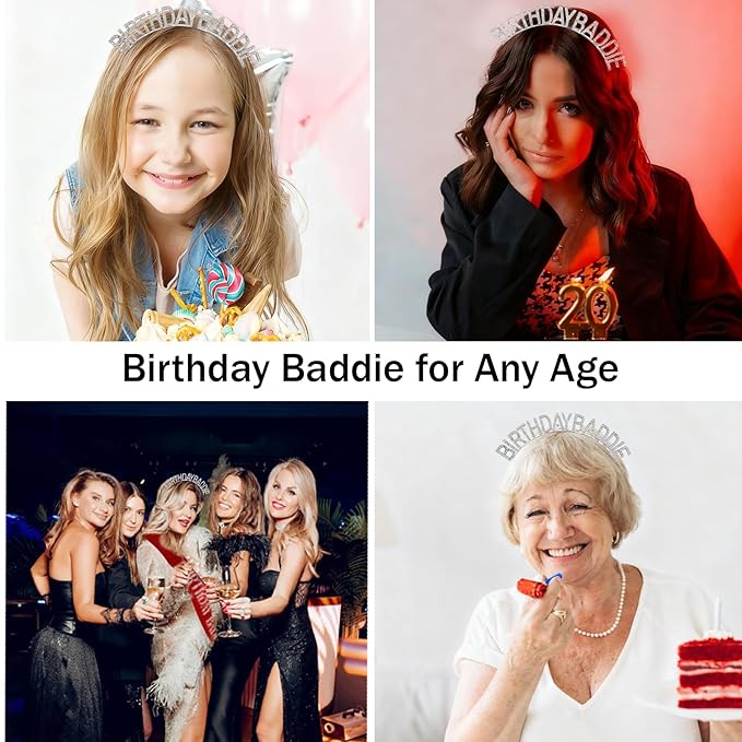 Canitor Birthday Baddie Sash Crown Set Birthday Gifts Party Favors Supplies Decorations & Accessories for Women Girl Adult Outfits Rhinestone Tiara Headband Soft Satin Sash