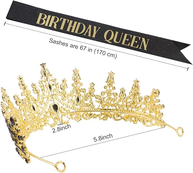 COCIDE Black Birthday Sash and Crown for Women - Crystal Tiaras Decorations for Girl,Glitter Rhinestone Gifts Headband Sashes Decor,Coronas for Queen,Happy Birthday Accessories Party Favors