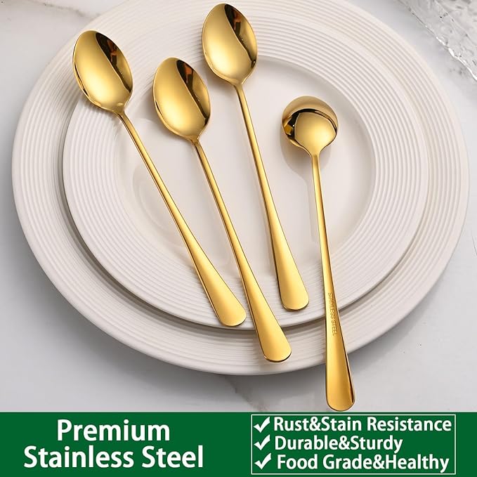 7.5 Inch Gold Iced Tea Spoons,Set Of 8 Stainless Steel Long Coffee Spoons,Long Handle Stirring Spoon For Dessert,Coctails,Ice Cream,Milk,Iced Teaspoons For Bar