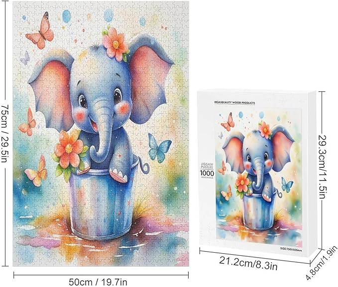 Wooden Puzzles 1000 Piece，Colorful Happy Elephant Themed Jigsaw Puzzles，Educational Games，Family Puzzles，Unique Gifts for Wall Art，Funny Puzzles，Stress Relief Games，Puzzle Games