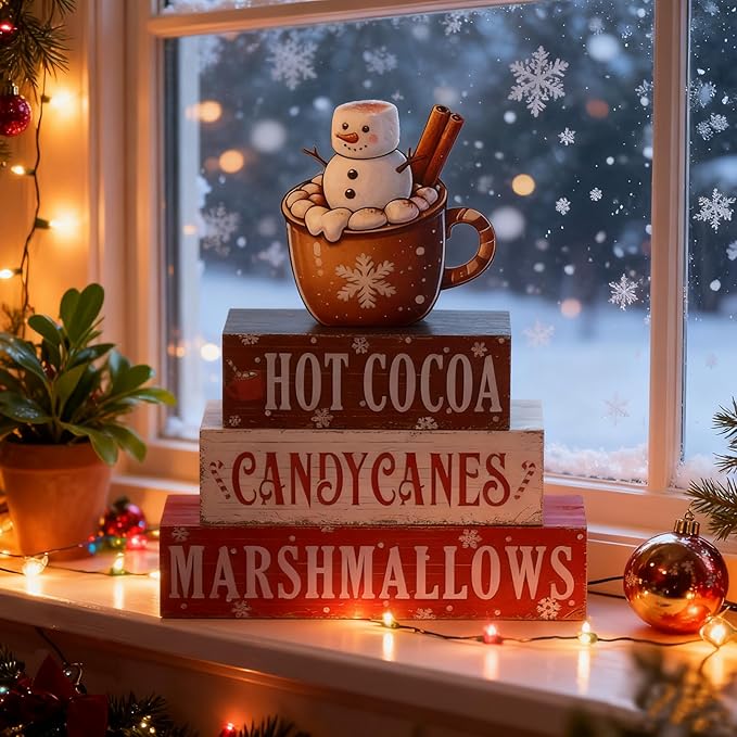 4 Pieces Christmas Hot Cocoa Wooden Table Decorations, Rustic Wooden Blocks and Cocoa Sign for Tiered Tray, Tabletop Centerpieces, Desk, Kitchen, Shelf Decor, Holiday Gift Idea