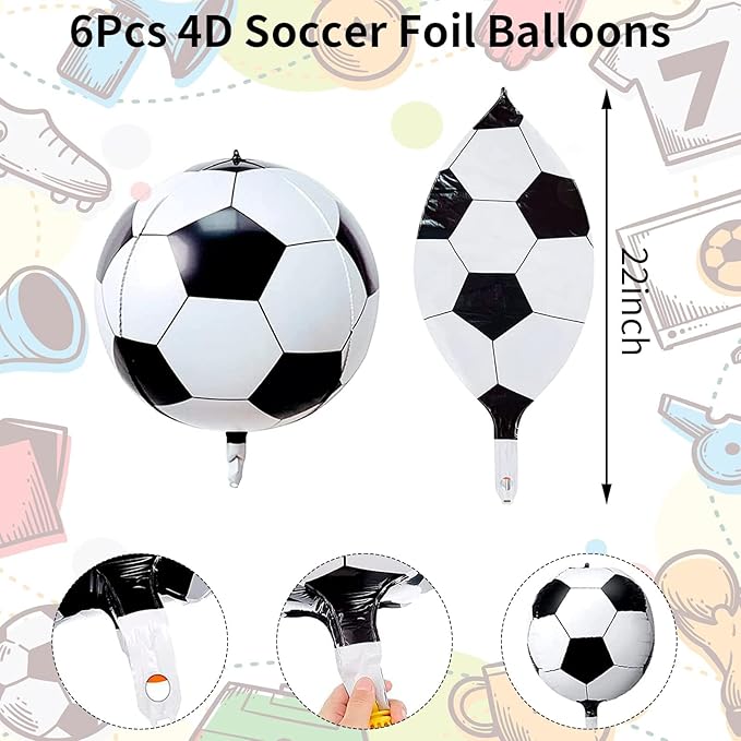 22 Inch 4D Soccer Foil Balloons, 6Pcs Soccer Party Decorations Football Shape Mylar Foil Balloons Sport Decor for Boys Kids Soccer Ball Fans Theme Birthday Party Decorations Supplies