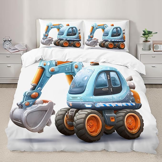 Cartoon Excavator Bedding Set California King Blue Construction Vehicle Duvet Cover Trucks Tractors Comforter Cover Cute Children's Bedding Set with Pillowcases for Bedroom