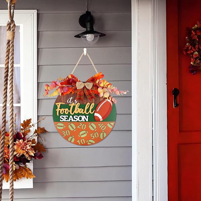 CHDITB Fall Football Sign for Front Door Porch, Rugby Football Season Round Wooden Sign, Fall Football Wreath Wooden Hanging Plaque, Farmhouse Maple Leaves Decor for Holiday Party Decoration