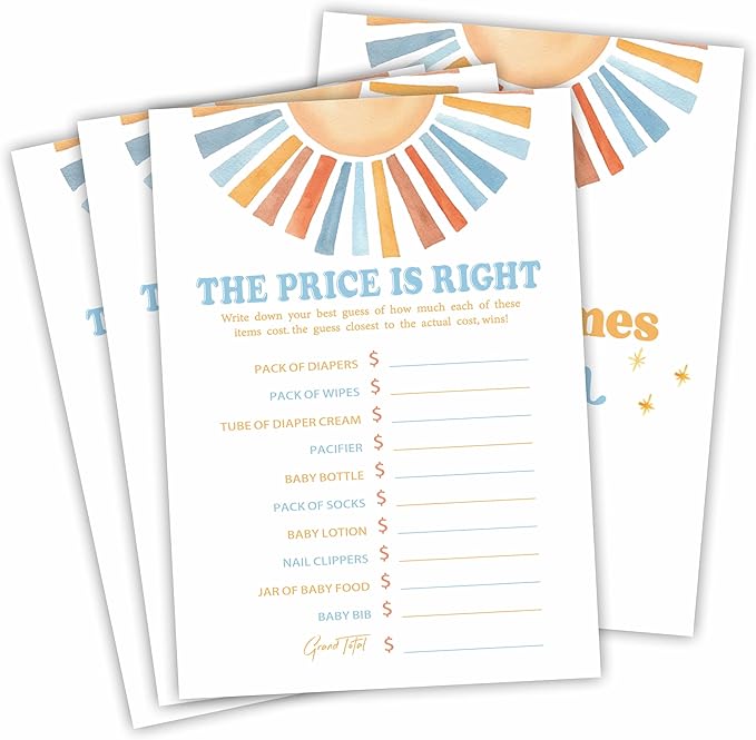 The Price Is Right Baby Shower Game Kit - Watercolor Retro Sun - 30 Double-Sided Fill In Game Cards For Baby Shower, Gender Reveal Party Favor, Activity & Supplies - D11