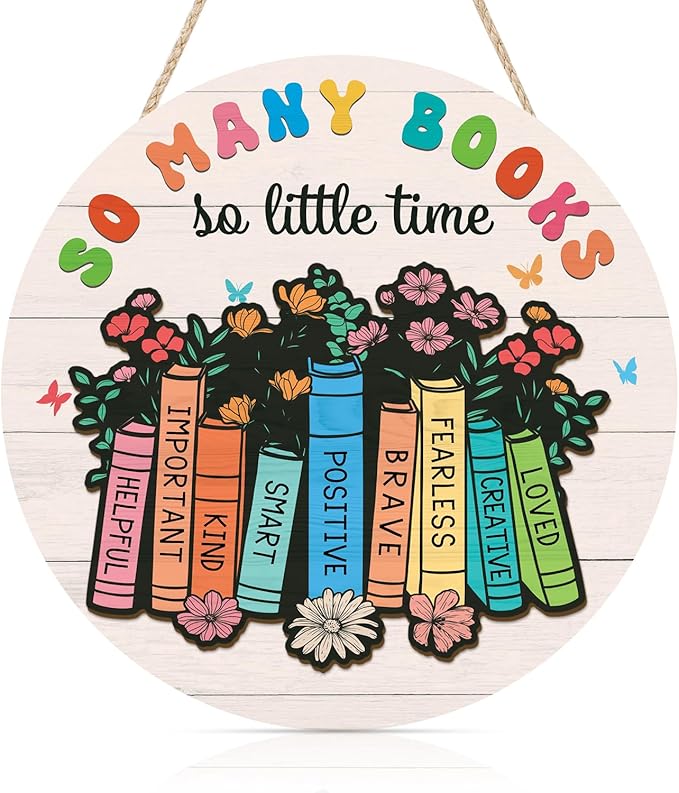 CHDITB Reading Book Wooden Hanging Sign, Colorful Inspiration Saying Books Wooden Plaque, Library Wood Sign for Bookish, So Many Books So Little Time Wall Hanging for Read Corn Classroom Decor