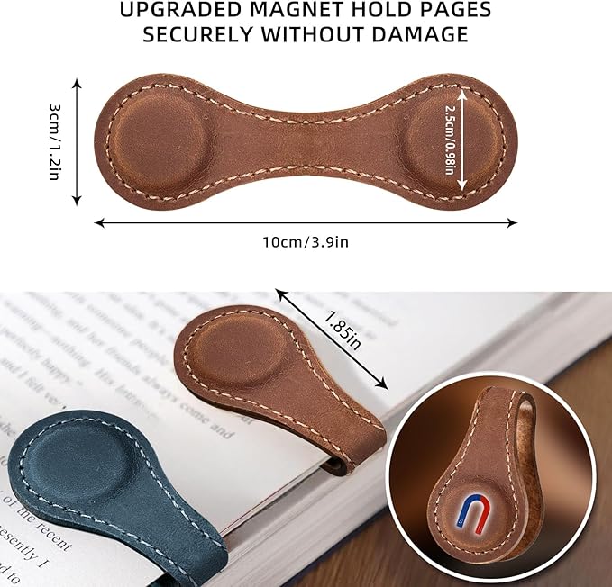 2PCS Magnetic Leather Bookmarks, Best Vintage Book Page Markers Clips Gift for Reading Men Women Teachers Book Lovers, Handmade Real Leather Magnetic Book Marks Set of 2 (Earth Brown+Prussian Blue)