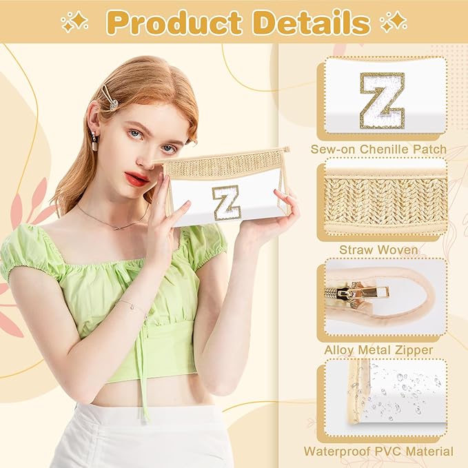 Personalized Initial Letter Bag Boho Straw Clear Makeup Bag,Small Cute Chenille Varsity Letter Bag With Zipper,Beach Travel Toiletry Bag,Portable Monogrammed Cosmetic Bag for Women Girls,Y