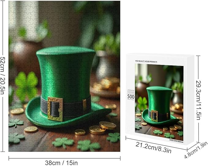 Saint Patrick's Day Green Shamrock Shamrock Hat Lucky Wooden Puzzle 500 Pieces Jigsaw Puzzles for Adults Puzzle Educational Toys Challenging Fun Games Gifts for Elders Kids Family and Friends