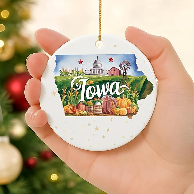 USA State Landmark Ceramic Ornament – Round Glossy Christmas Decoration Featuring U.S. State Art, Landmarks & Holiday Scenery – Collectible Travel Souvenir Ornament Series (Iowa)