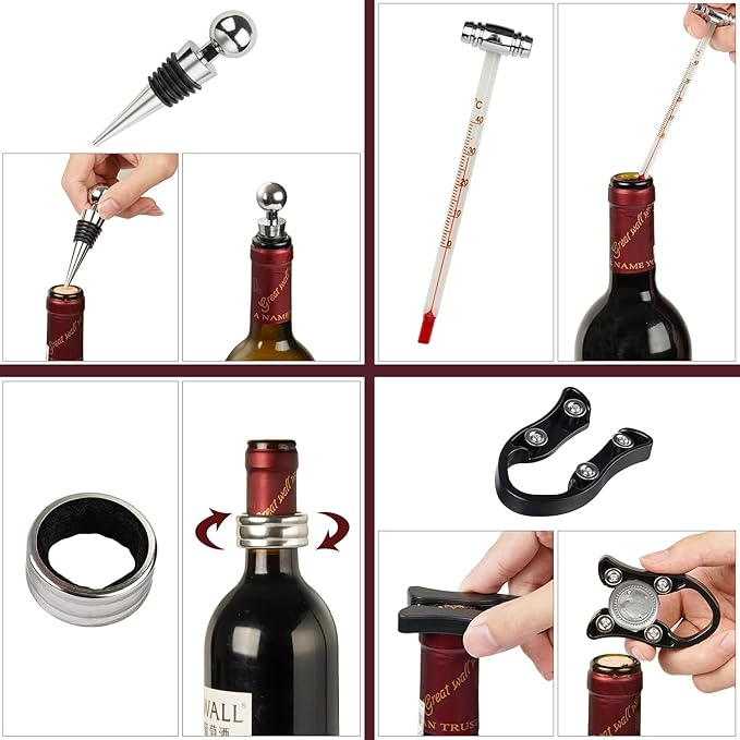 9 PCS Corkscrew Wine Opener Set, Stainless Steel Cork Screw Rabbit Wine Bottle Opener Kit Including Foil Cutter, Pourer, Vacuum Wine Stopper Corkscrews etc, Luxury Wine Sets Gifts for Women & Men