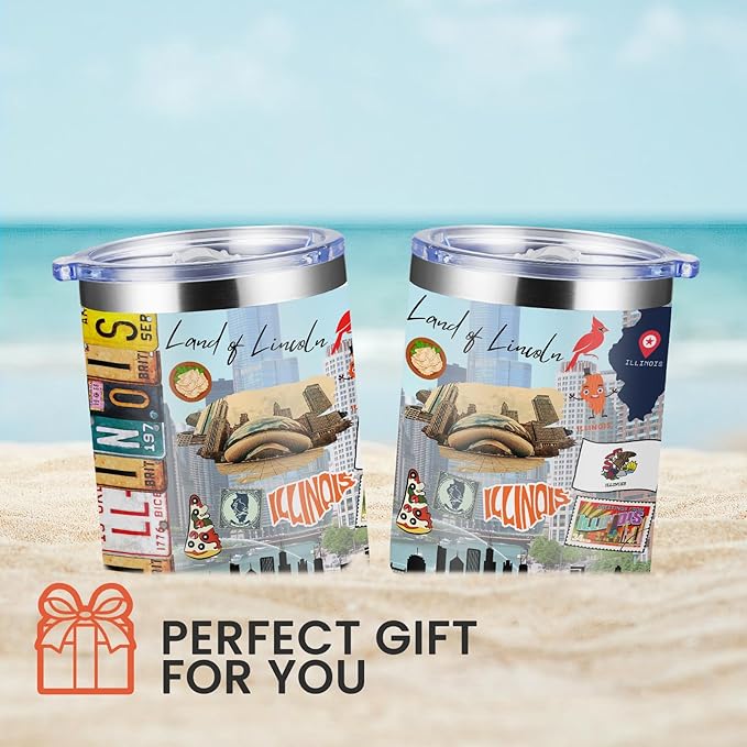 12oz Coffee Mug Illinois State Insulated Coffee Cups, United States Map Travel Mug Landmark, Birthday Gifts Cute Mugs with Lid and Straw Mothers Day Gifts