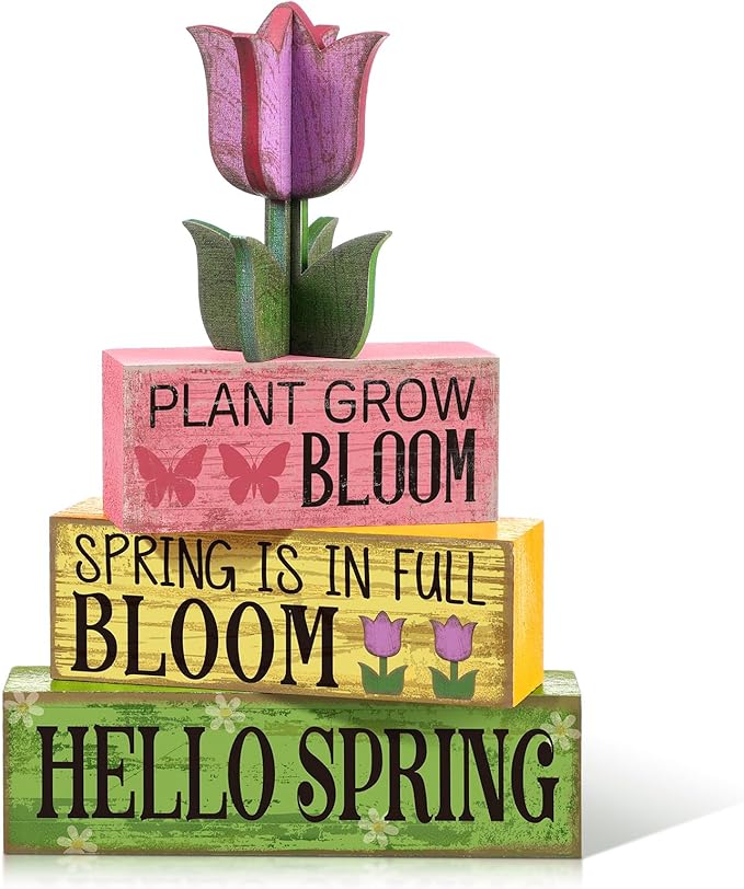 4 Pcs Spring Table Decorations Tulip Flower Wooden Signs Spring Tiered Tray Decor Wooden Tulip Block Signs Pastel Flower Table Centerpieces Decor for Home Kitchen Shelf Office