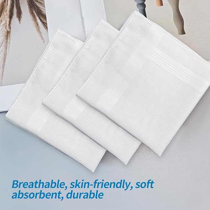Men's Handkerchiefs 100% Soft Cotton, Classic White Hankies,Breathable and Reusable Handkerchiefs for Men