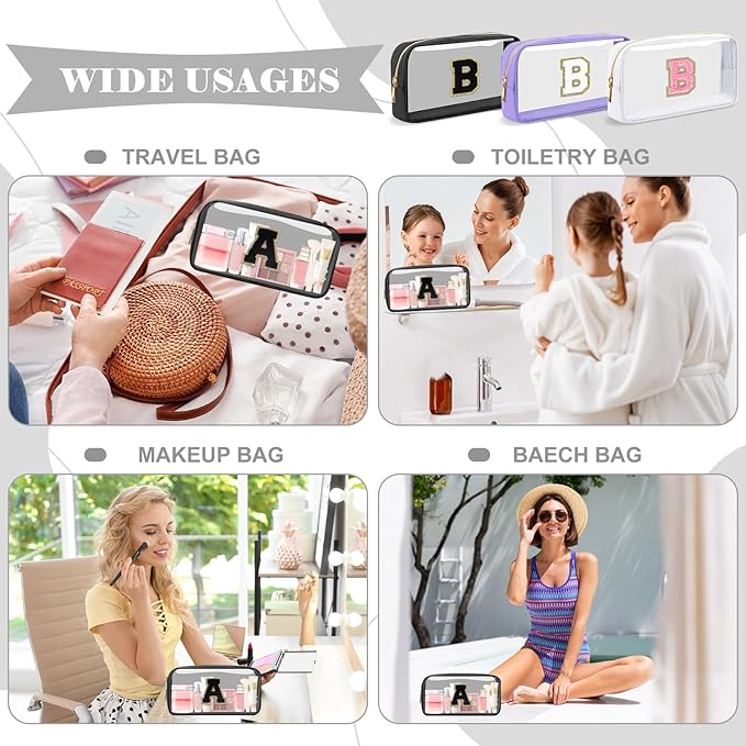Personalized Initial Letter Clear Makeup Bag,Preppy Small Nylon&PVC Cosmetic Zipper Bag with Chenille Letter,Travel Skincare Toiletry Bag,Monogram Christmas Gift for Teen Girls Women,B