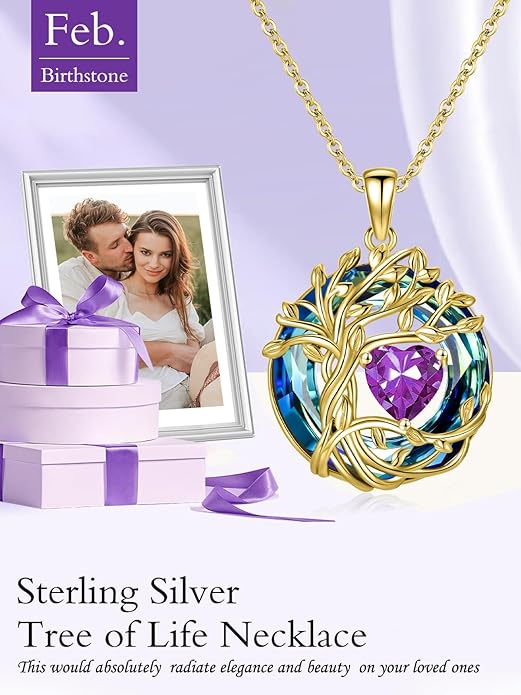 TOUPOP Tree of Life Birthstone Necklace 925 Sterling Silver Pendant Austrian Crystal Jewelry Anniversary Valentine's Day Birthday Gifts for Women Mom Her Wife