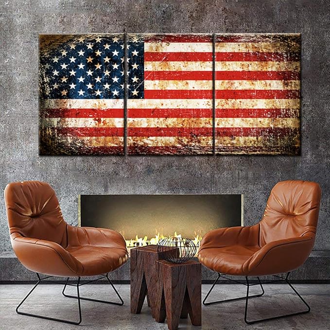 Native America Home Decor Grunge USA Flag Paintings Patriotic Pictures Blue White Artwork 3 Panel Canvas Textured Wall Art for Living Room HD Prints Giclee Framed Stretched Ready to Hang(60''Wx28''H)