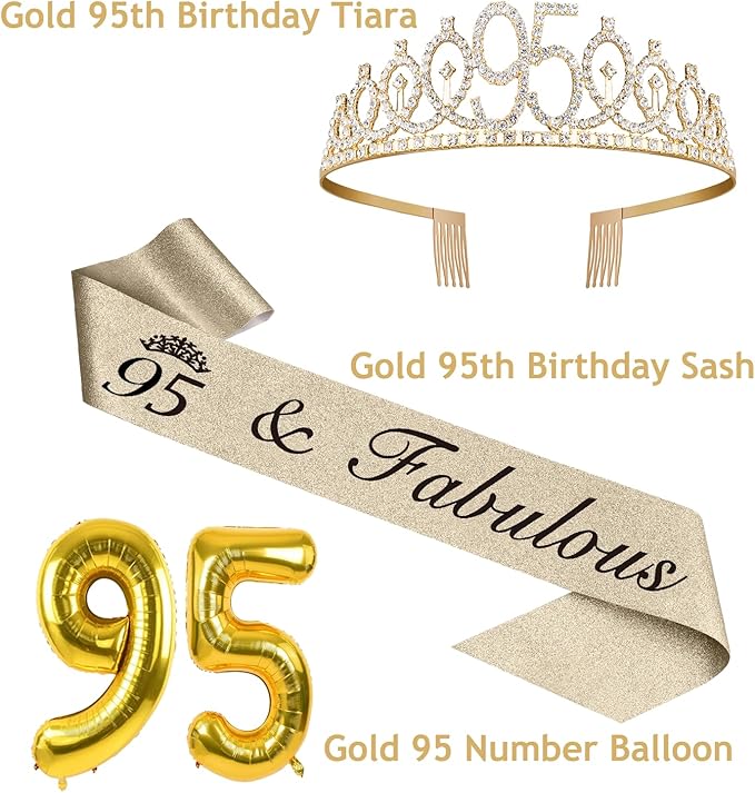 95th Birthday Decorations for Women Gold with 95th Birthday Sash and Tiara, Cake Topper and Candles, Number Balloons, 95 Year Old Gifts for Women