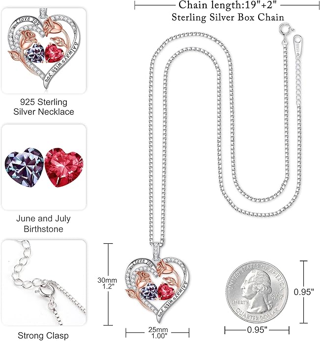 Iefil Valentines Day Gifts for Her - 925 Sterling Silver Rose Heart Birthstone Necklace Birthday Anniversary Jewelry Gifts for Her Wife Mom Daughter