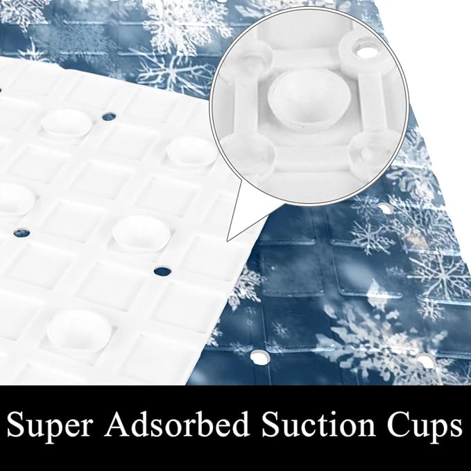 Christmas White Snowflakes on Blue Background Bath Tub and Shower Mats, Non Slip Bathmat with Drain Holes and Suction Cups for Bathroom Floor, 15.1 x 26.8 Inch