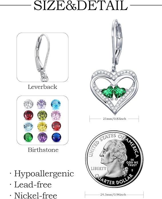 Heart Leverback Earrings Double Birthstone Dangle Earrings for Women, Love Jewelry for Her, Christmas Gifts for Women, Anniversary Birthday Gift for Mom Wife Girlfriend