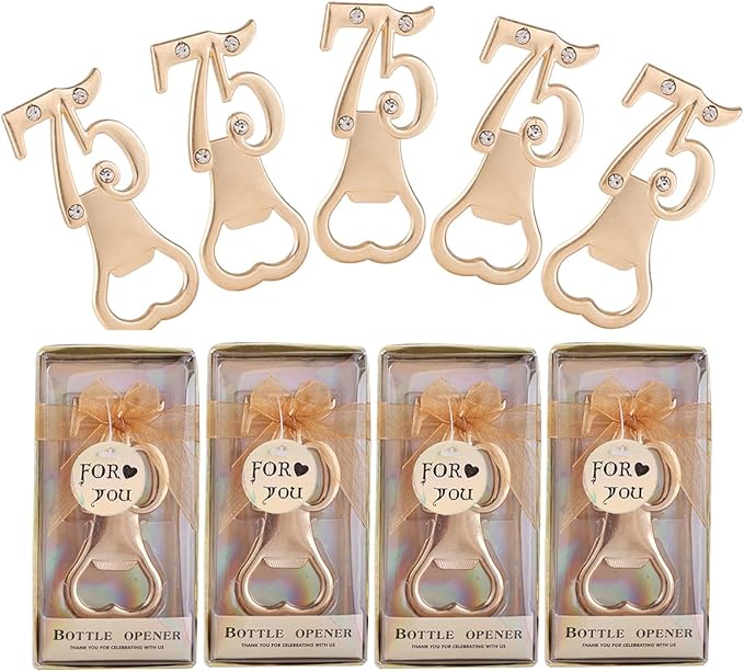 Baseo 24pcs Gold Themed 75th Birthday Bottle Openers, 75th Anniversary Party Gifts & Decorations