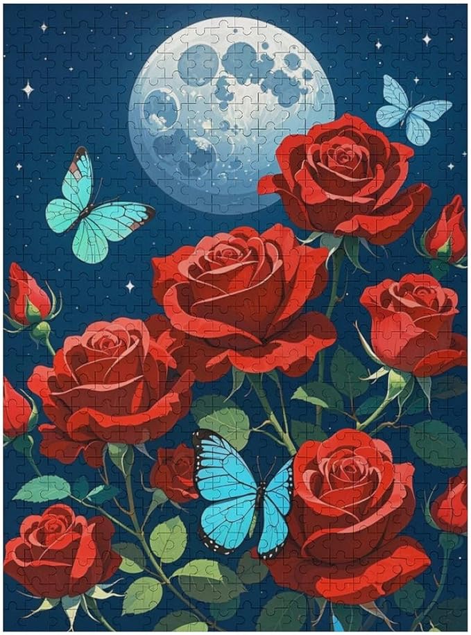 Jigsaw Puzzles for Adults 500 Piece - Butterfly Red Rose Garden Wooden Puzzles, Funny Puzzles，Unique Gifts for Wall Art，Family Puzzles，Educational Games，Challenge Puzzles