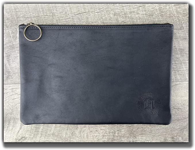 Leather Pouch with Zipper (Carbon Black, 10.5" x 7")