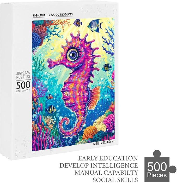 Colored Seahorse Wooden Puzzle 500 Pieces Jigsaw Puzzles for Adults Puzzle Educational Toys Challenging Fun Games Gifts for Elders Kids Family and Friends