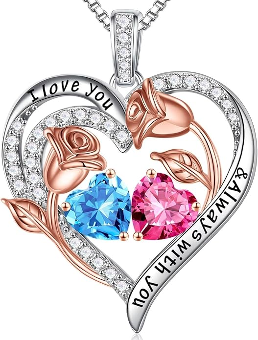 Iefil Valentines Day Gifts for Her - 925 Sterling Silver Rose Heart Birthstone Necklace Birthday Anniversary Jewelry Gifts for Her Wife Mom Daughter